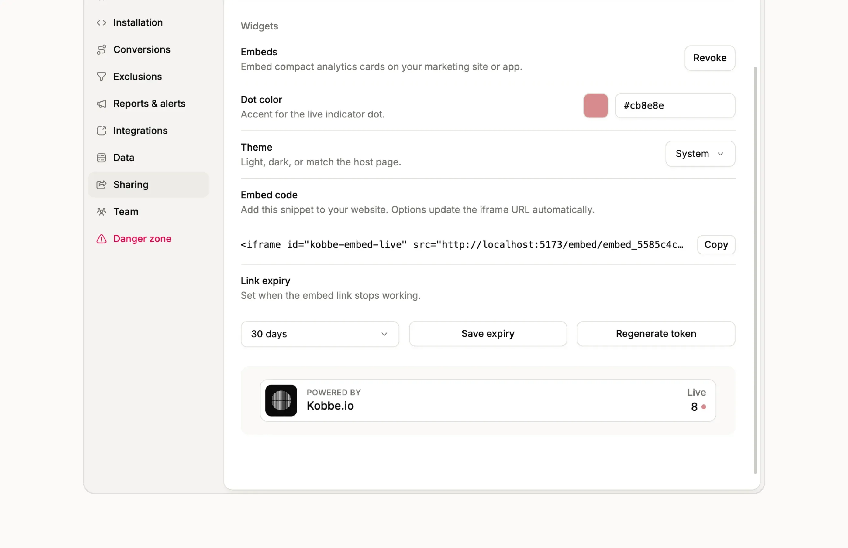 Embeddable Kobbe analytics widget showing a live traffic chart or visitor counter on a page.