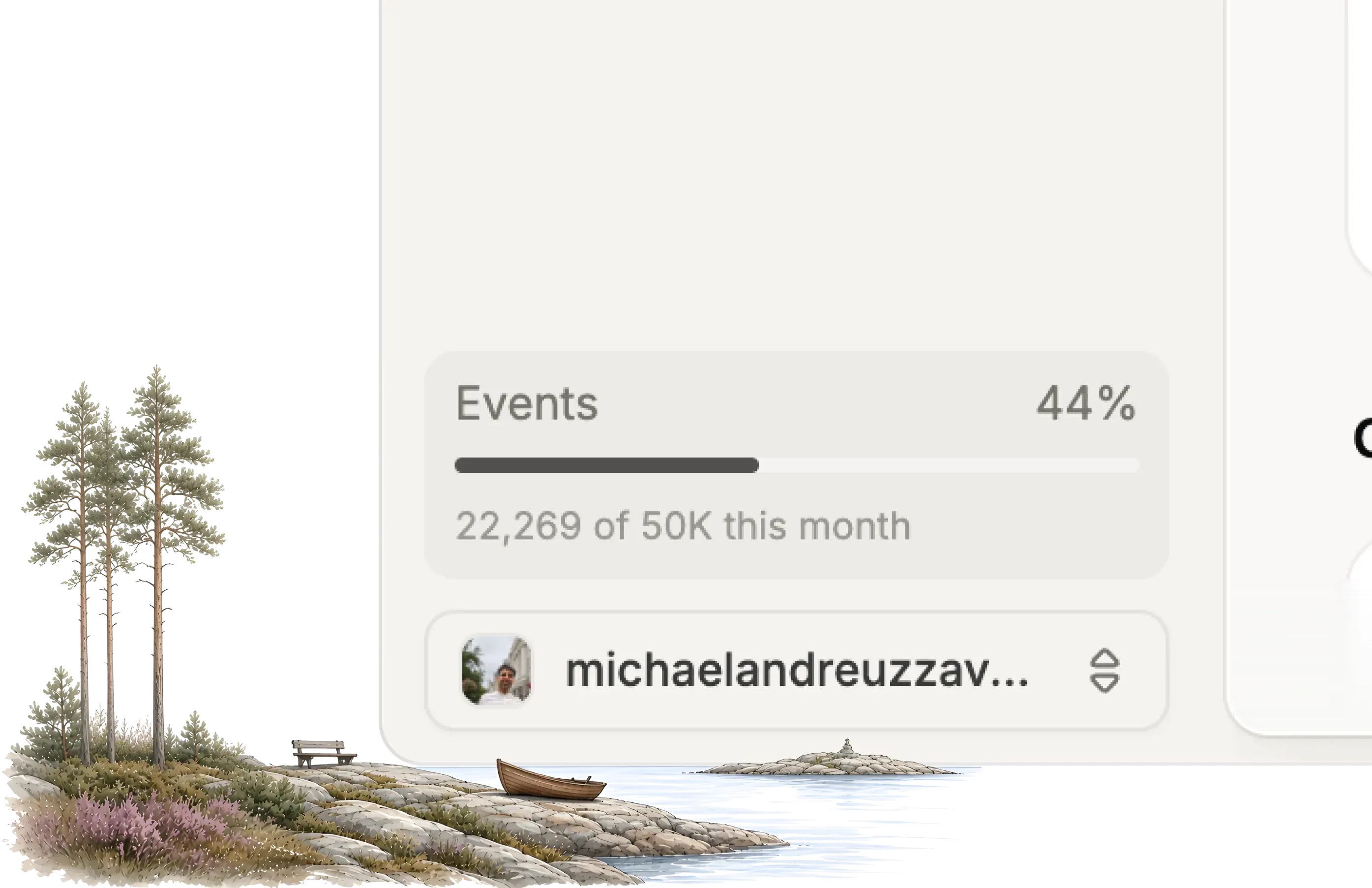 Events usage meter in the sidebar, showing the month's count and percentage above the site switcher.