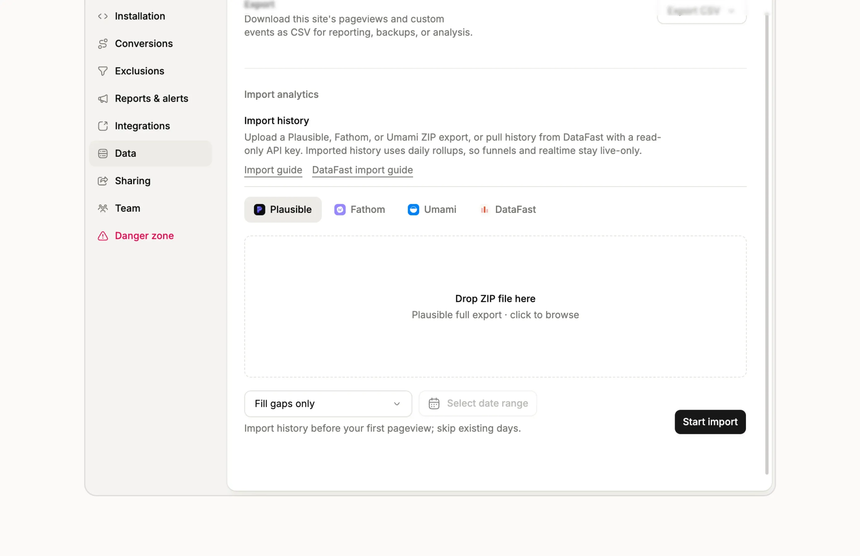 Import flow in Kobbe for uploading a Plausible, Fathom, or Umami export and merging it into your dashboards.