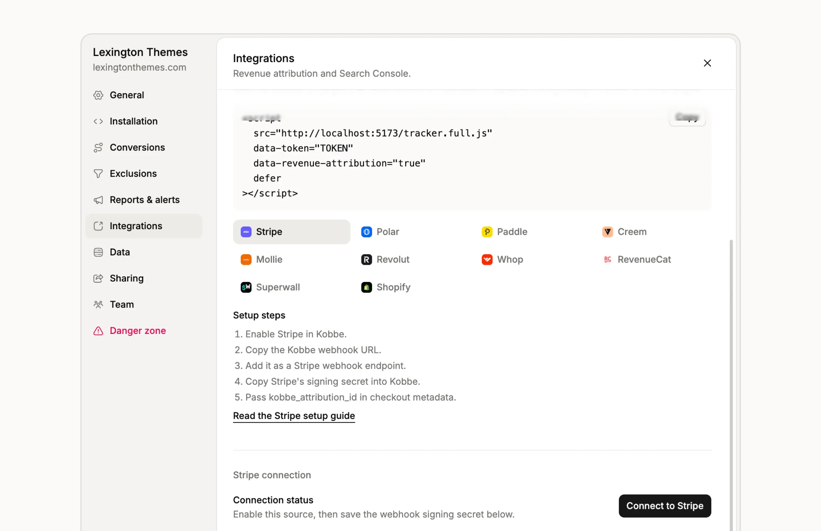 Revenue attribution settings with Whop, RevenueCat, Superwall, and Shopify listed alongside other billing providers.