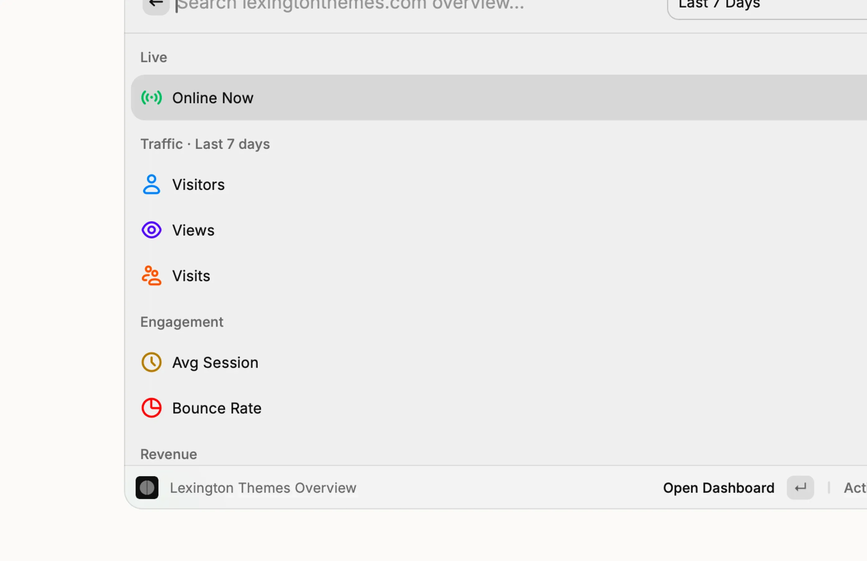 Kobbe site overview in Raycast, showing live visitors, traffic metrics, revenue, and top pages for the last 7 days.