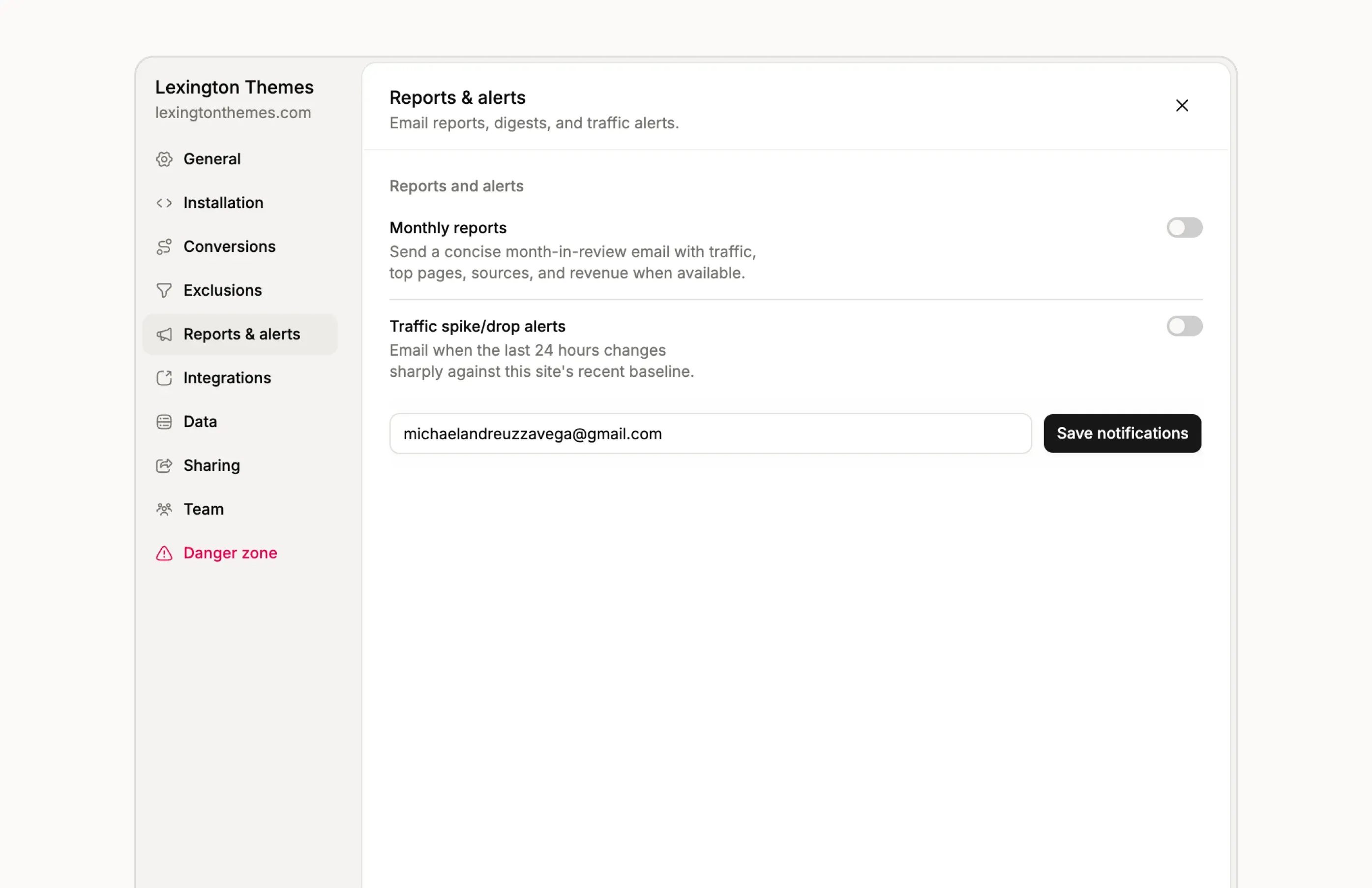 Kobbe settings for monthly email reports and traffic alerts when a site spikes or goes quiet.