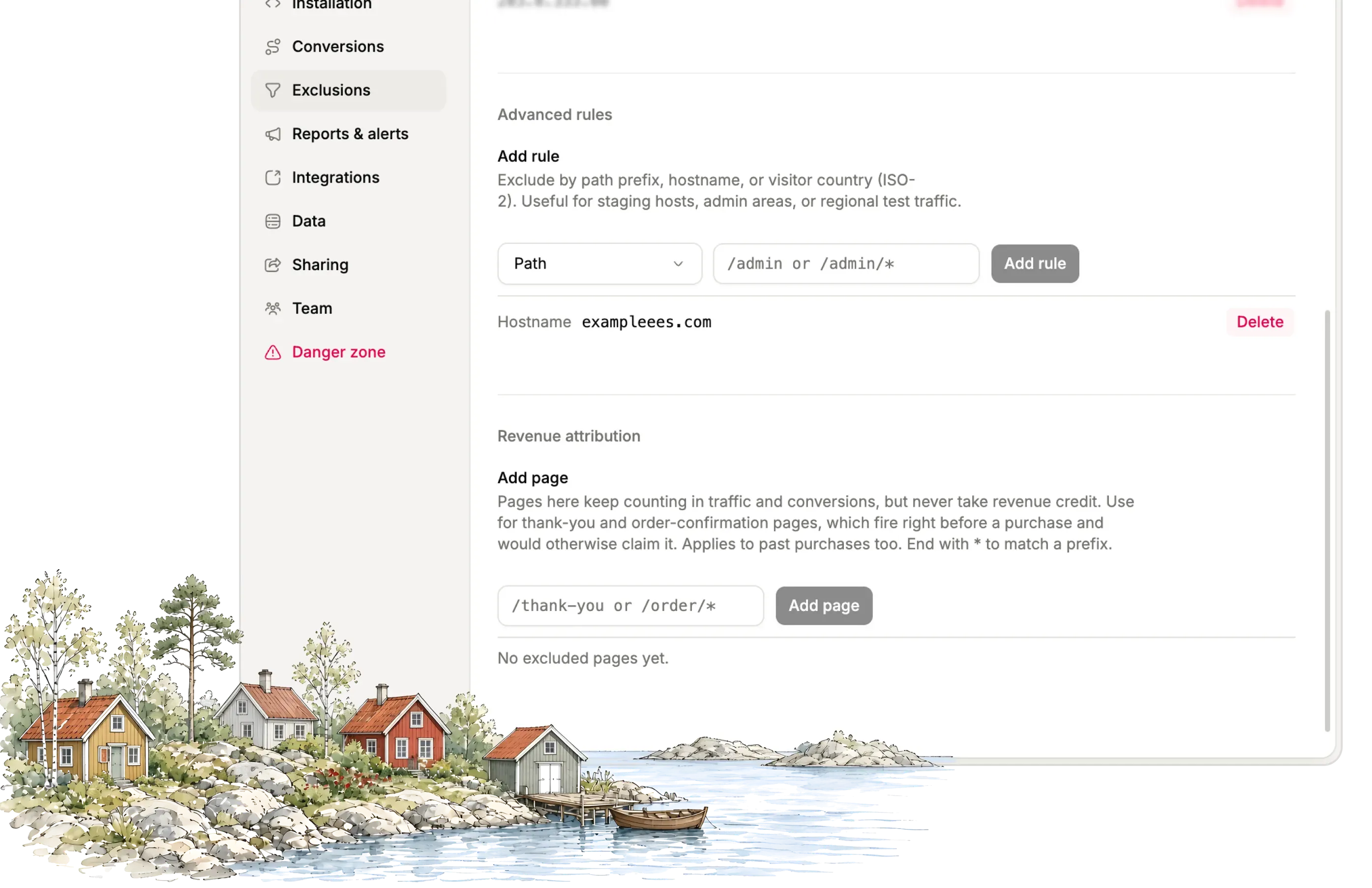 Revenue attribution exclusions in site settings, with thank-you and order-confirmation paths listed under Exclusions.